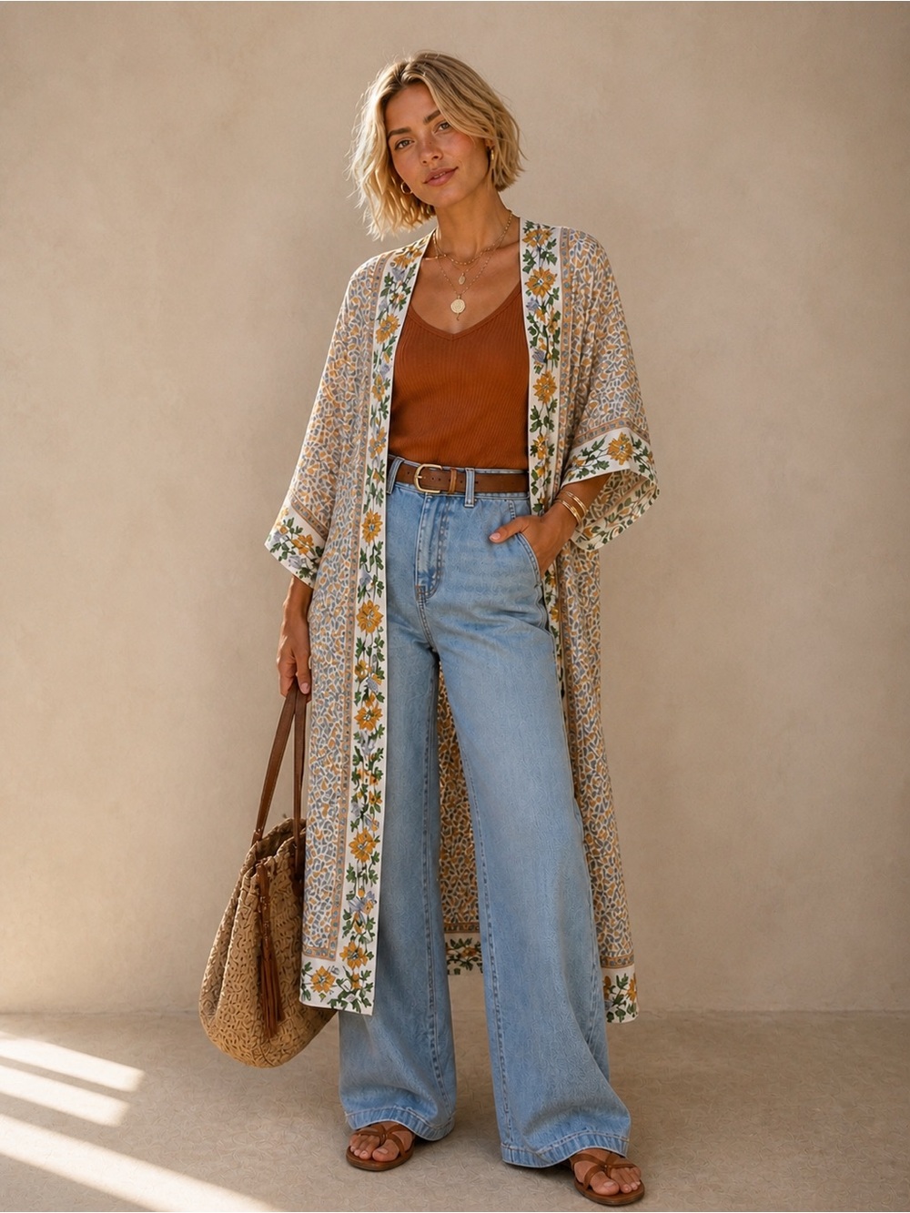 Marigold Sweet Floral Kimono Robe with Belt
Beach Swimwear Coverup Fall
